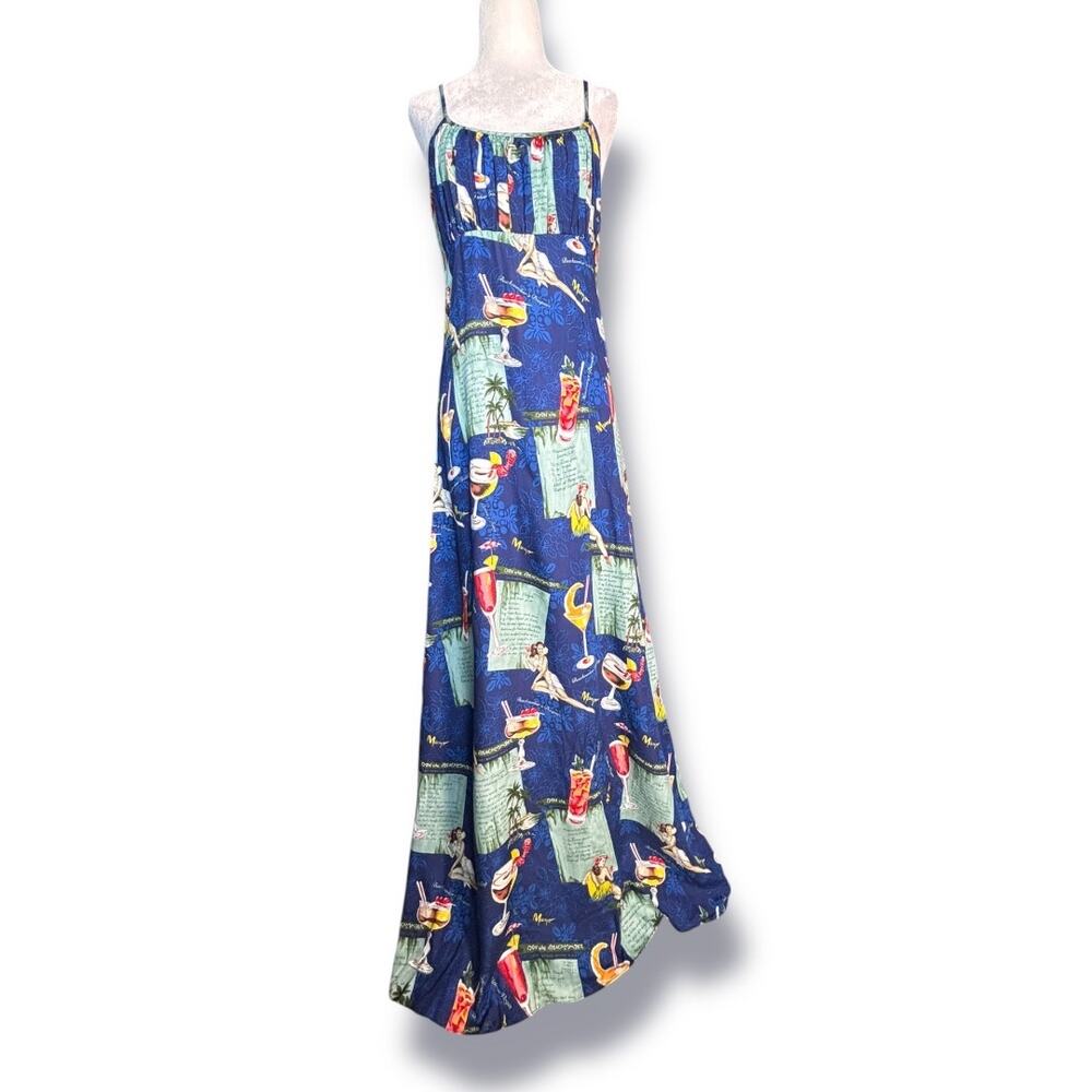 Vintage Mamo Howell Hawaiian Tiki Cocktail Print Blue Maxi Slipdress Rayon Small